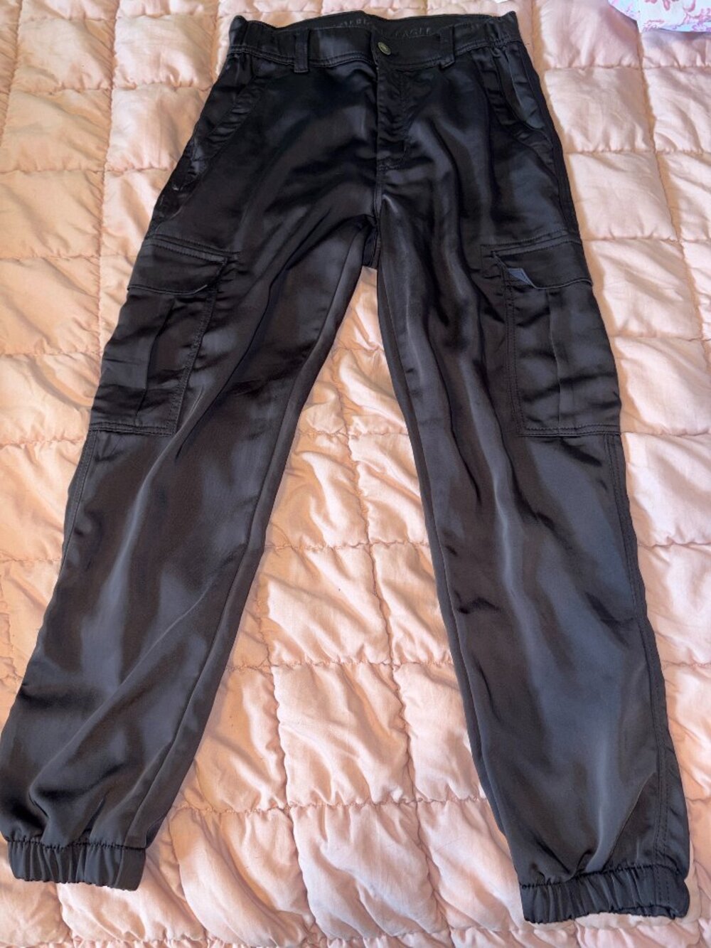 Black Satin Cargo Pants